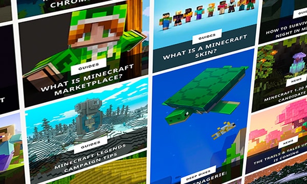 Un collage de artículos de Minecraft.net