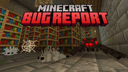 Minecraft Bug Report logo with spider mob in a library