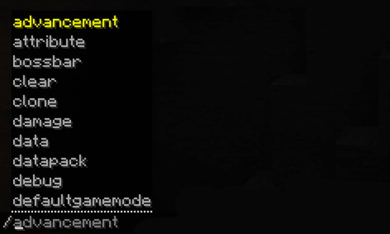 A list of chat commands are displayed on a black screen