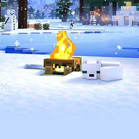 An image of a snow fox slumbering by a fire in a dreamy Overworld snowscape.