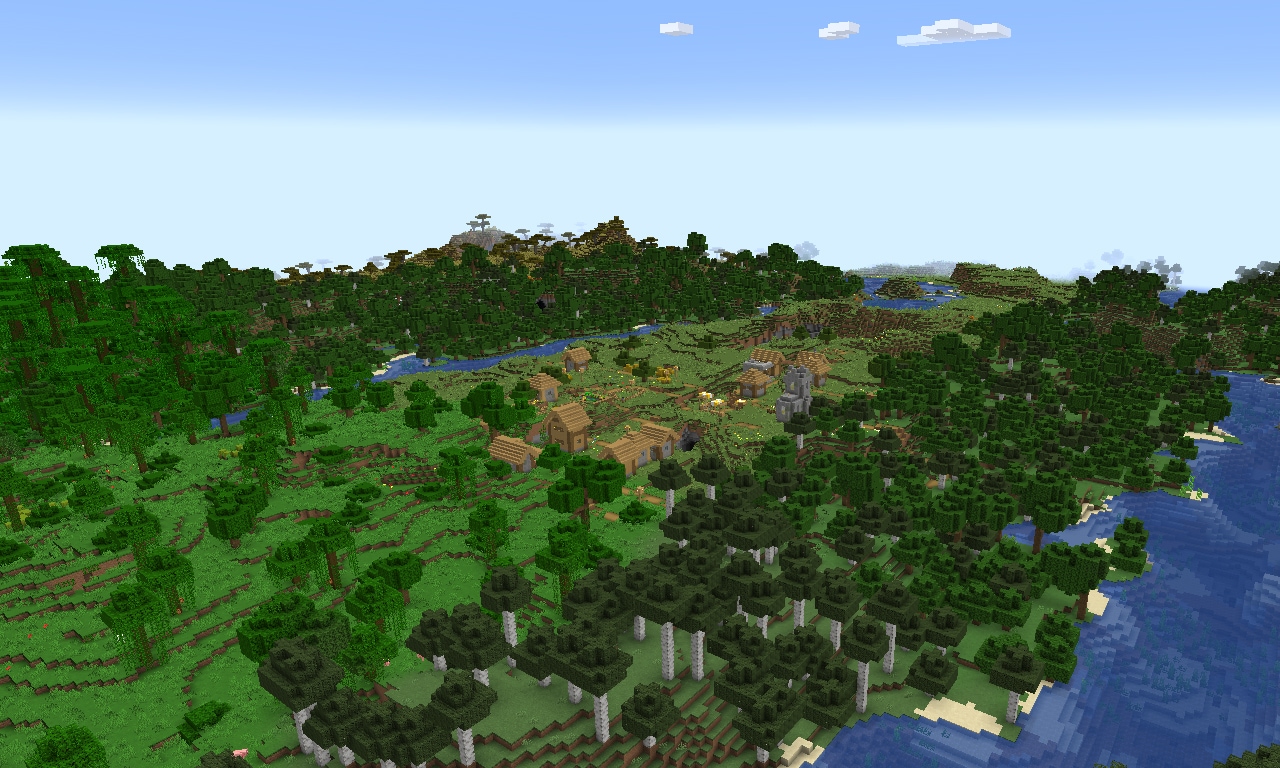 A distant village is seen from above in the Minecraft Overworld