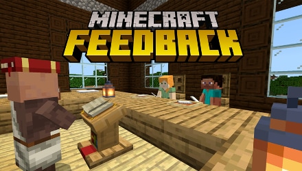 Minecraft Feedback logo with Alex and Steve at a table inside a house