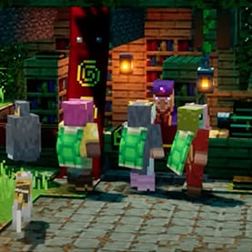 A group of heroes standing in front of a Villager shop