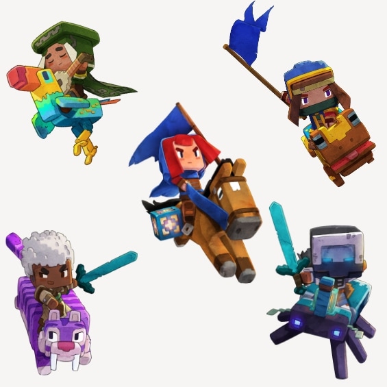 An image depicting all the mounts in Minecraft Legends: the horse, big beak, regal tiger, brilliant beetle, and fearless frog.