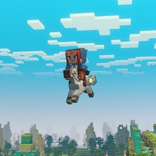 A Minecraft Legends hero character flying through the air on horseback with the Well of Fate in the background