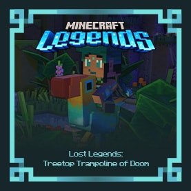 A screenshot of a Minecraft Legends hero character riding e big beak through the jungle.