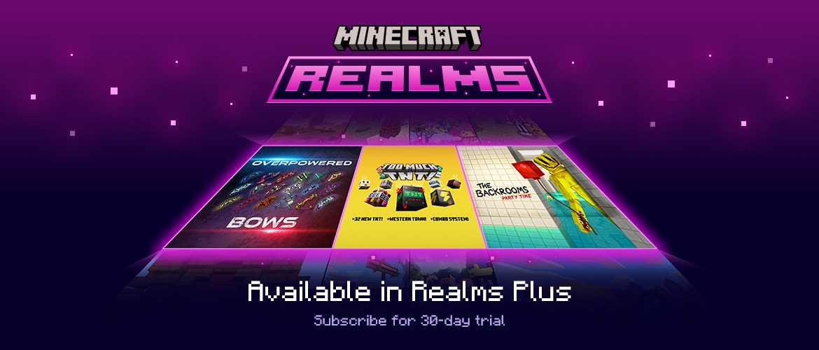 Realms Plus January featuring Overpowered Bows, Too Much TNT, and the Backrooms Party Time. Subscribe for a 30-day trial!