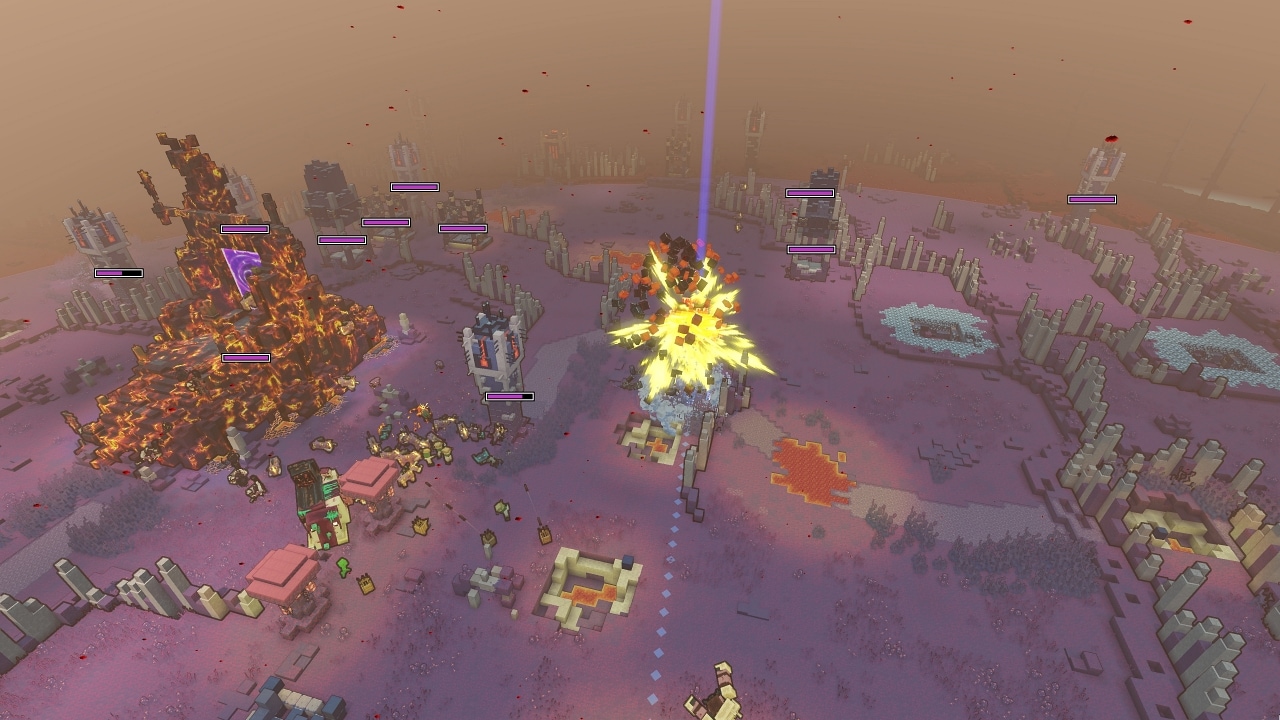 A mid-combat screenshot from Lost Legends: Snow vs Snout, showing the redstone launcher in action.