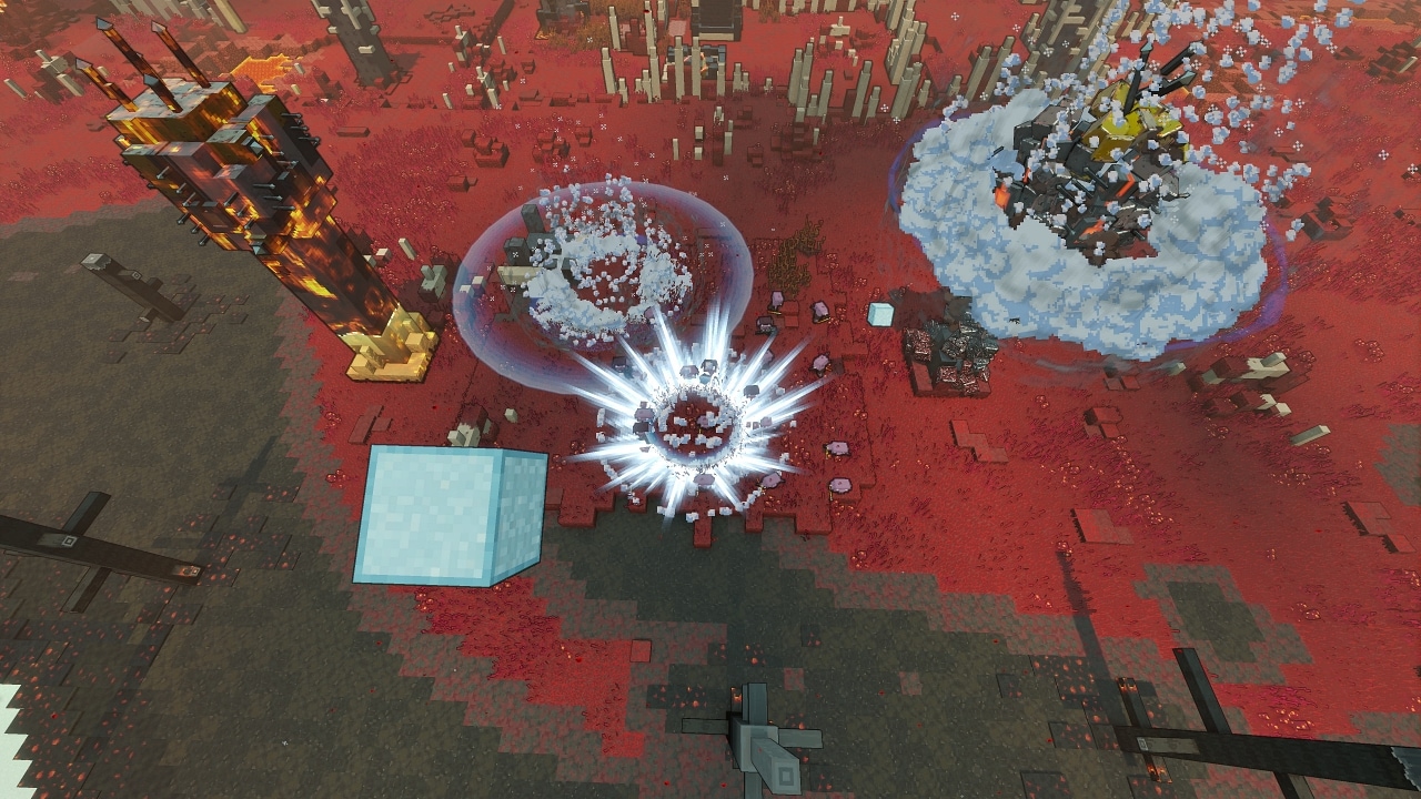 A mid-combat screenshot from Lost Legends: Snow vs Snout, showing the redstone launcher in action.