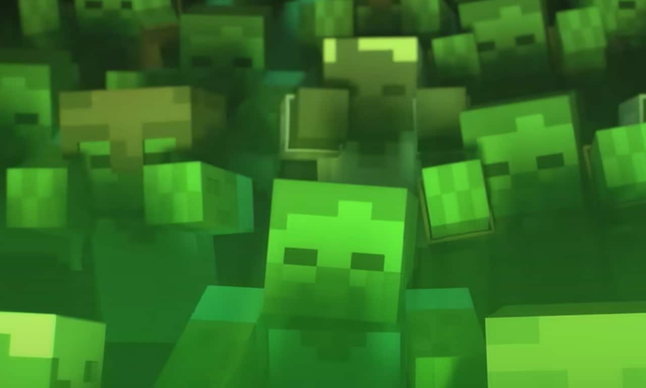 A horde of Minecraft zombies are reaching toward the screen