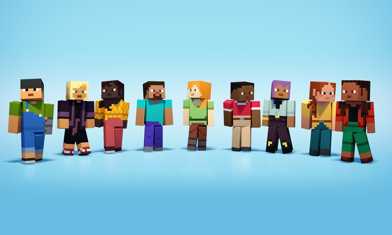 Nine player characters with a variety of skin tones and clothing designs