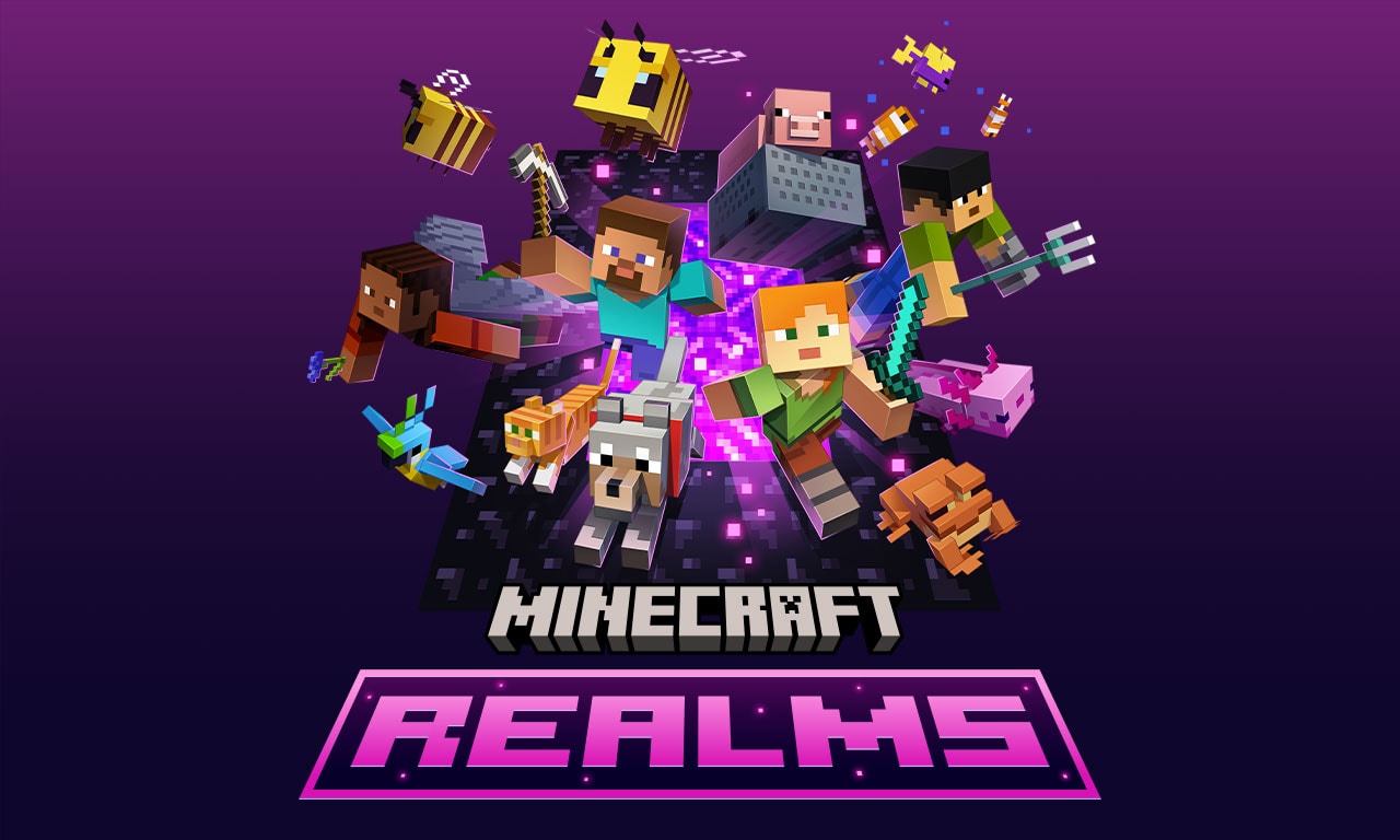 A variety of characters and mobs are shown above the Minecraft Realms logo
