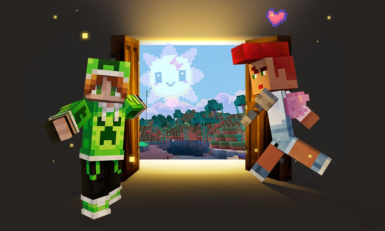 Two characters wearing custom skins are entering into a glowing doorway to a Minecraft world