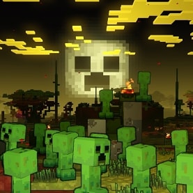 A screenshot from Lost Legends: Creeper Clash for Minecraft Legends showing the hero next to an army of creepers. The sky is dark and the creeper moon gives the clouds a greenish-yellow glow.