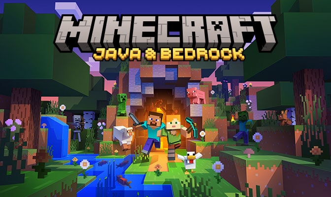 Ilustrações principais do Minecraft: Java e Bedrock Edition