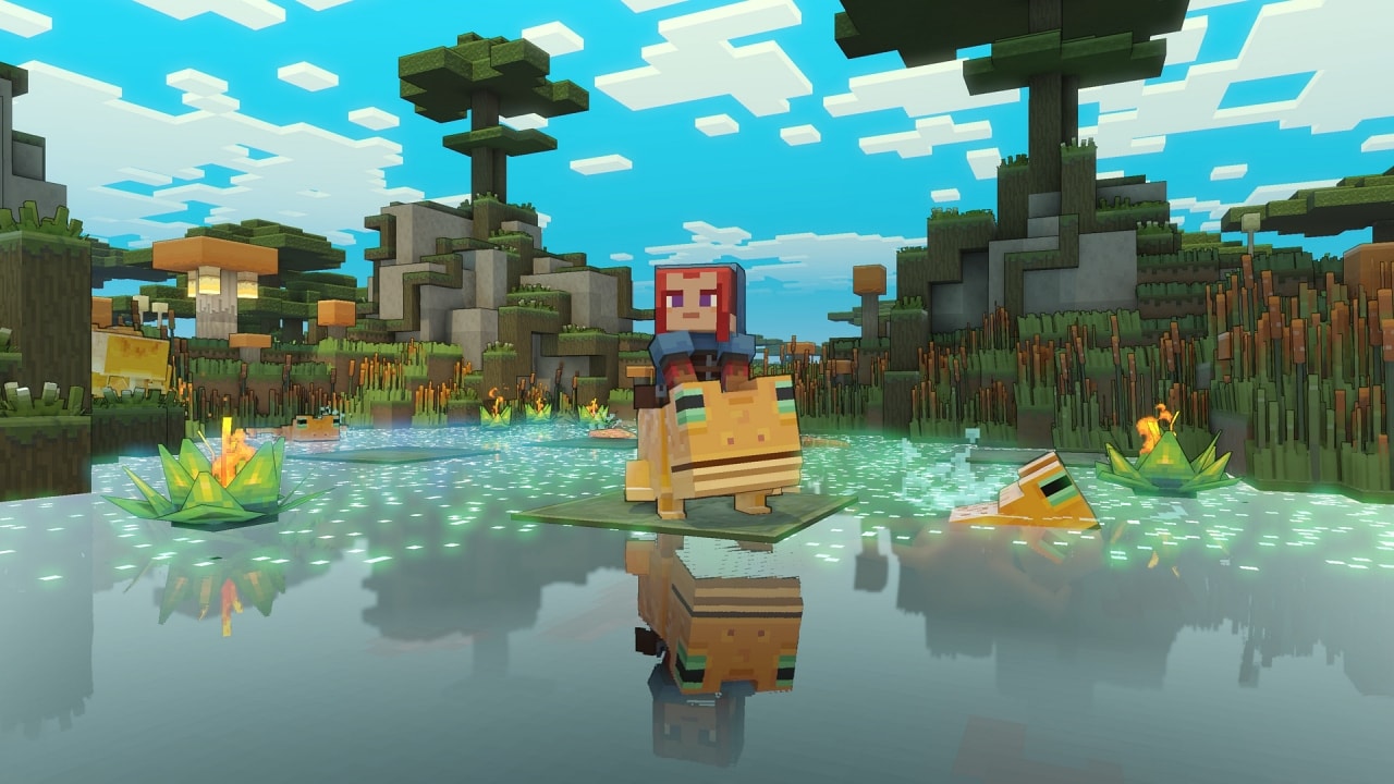 A Minecraft character riding on a Frog 