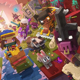 Key art of the features coming to Minecraft Legends' second update, featuring the hero riding a fearless frog in the center, alongside two other heroes on different mounts and other Overworld mobs. In the foreground, a clanger and other piglins are running from the hero. Int he background we see more piglins trialing the hero and their friends, alongside witches, golems, and villagers. In the far background there's an air chopper blowing towards the aforementioned characters, as well as a cauldron. The ground to the right is netherrack while the ground to the right is grass with a river running through it.