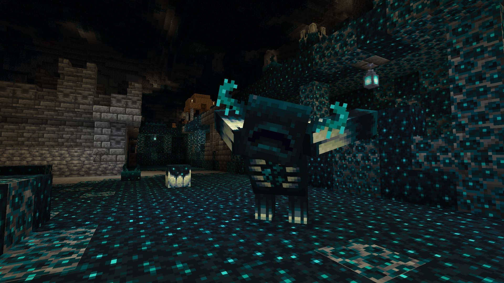 A warden mob confronts the player in the deep dark