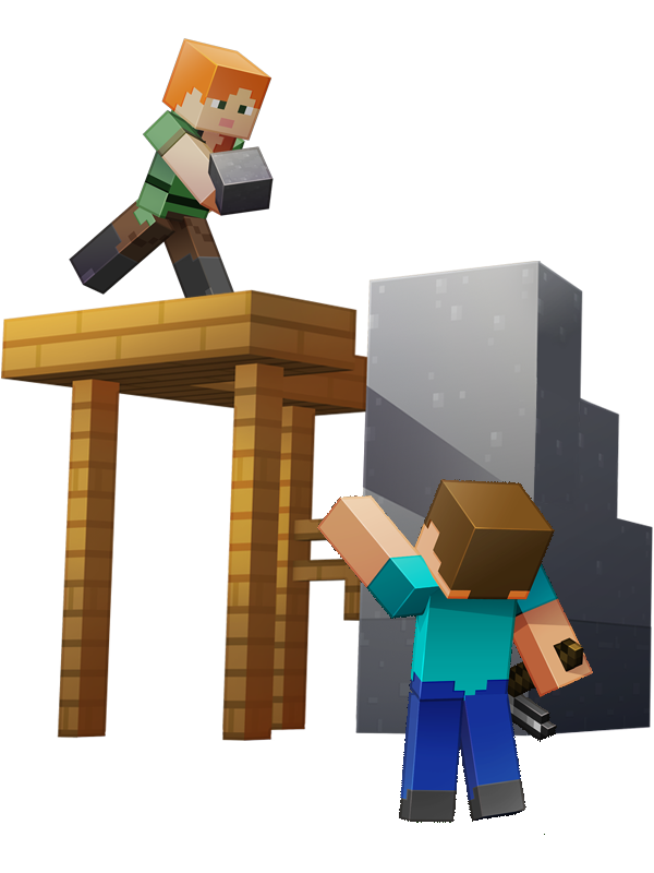 Minecraft’s Alex and Steve building together with stone and wooden scaffolds