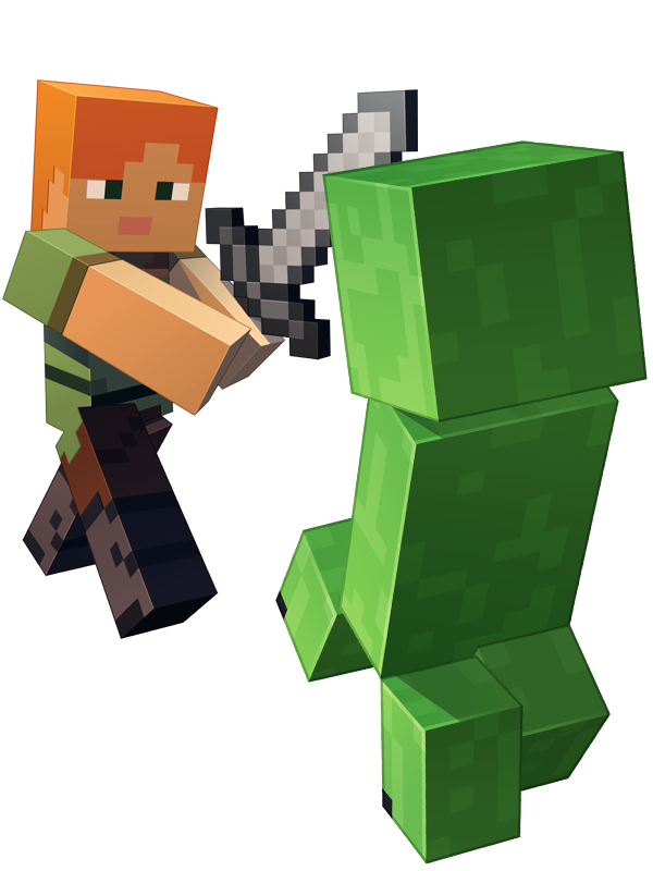Minecraft’s Alex swings their sword at a creeper