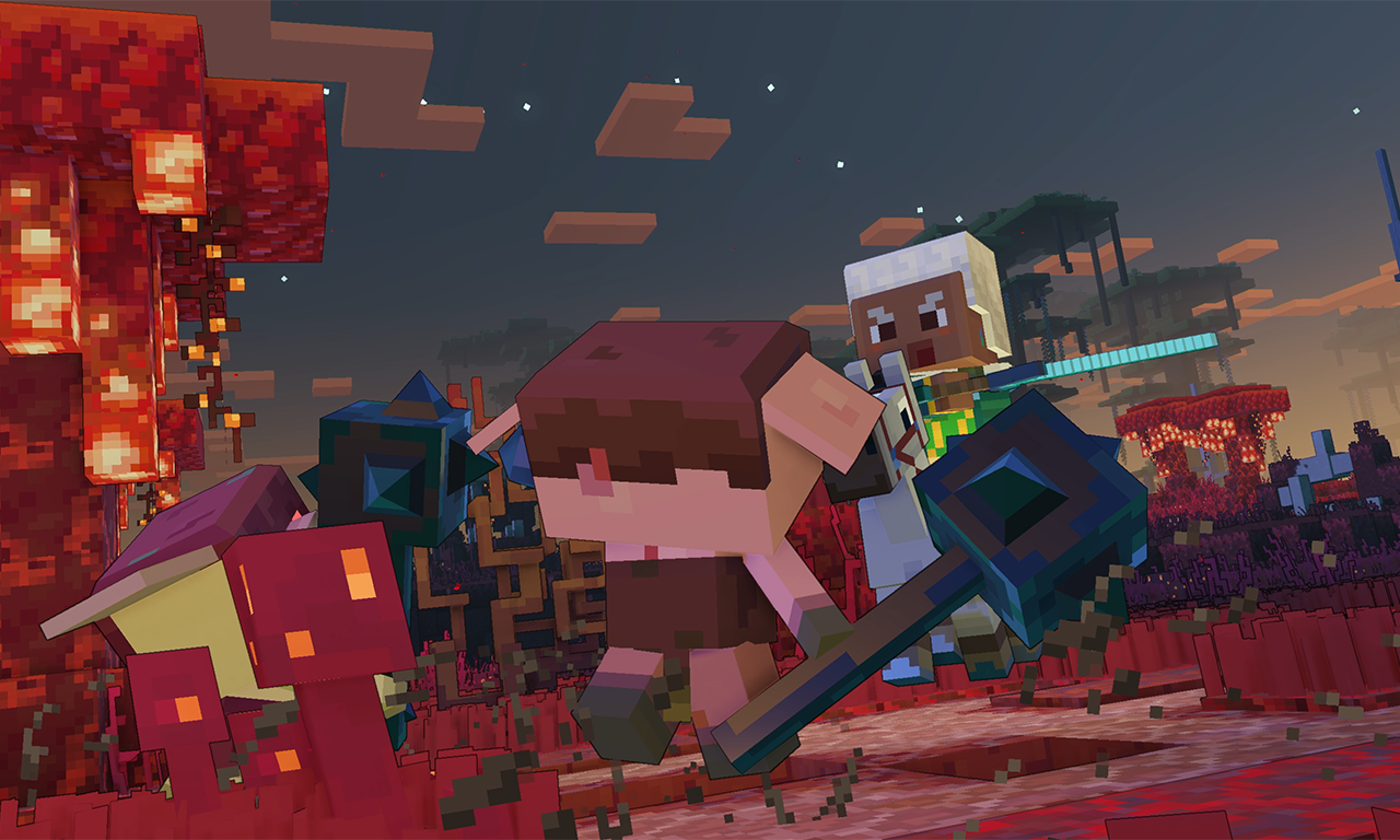 A Minecraft character is facing down a Piglin enemy